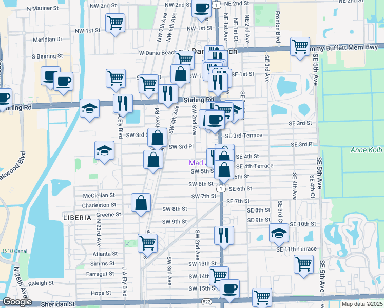 map of restaurants, bars, coffee shops, grocery stores, and more near 224 Southwest 4th Street in Dania Beach
