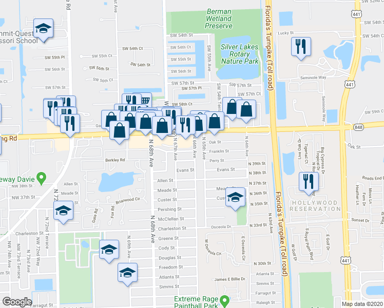 map of restaurants, bars, coffee shops, grocery stores, and more near 6600 Franklin Street in Hollywood