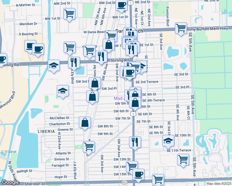 map of restaurants, bars, coffee shops, grocery stores, and more near 224 Southwest 4th Street in Dania Beach