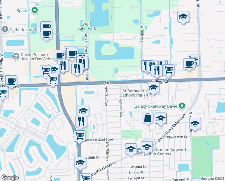 map of restaurants, bars, coffee shops, grocery stores, and more near 7750 Northwest 42nd Street in Hollywood