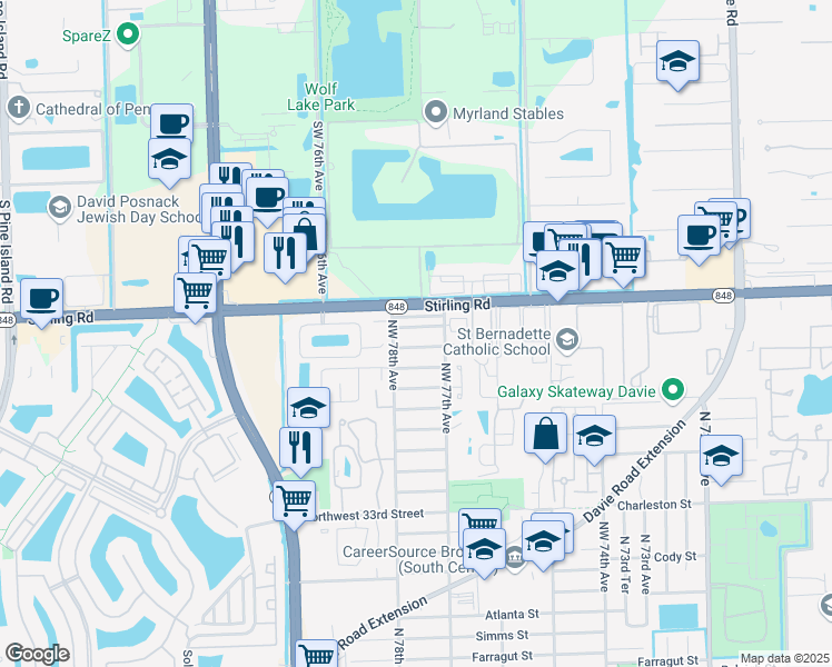 map of restaurants, bars, coffee shops, grocery stores, and more near 7750 Northwest 42nd Street in Hollywood