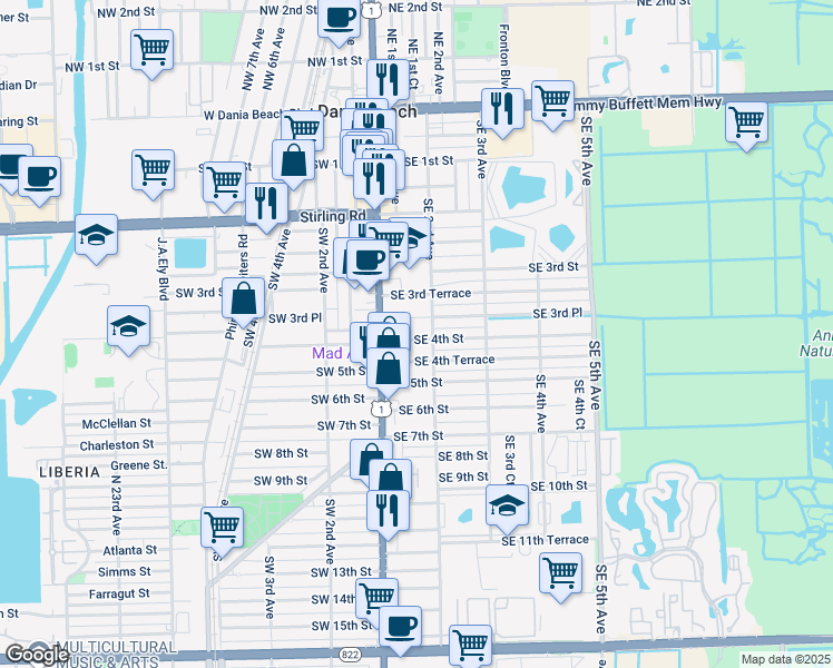 map of restaurants, bars, coffee shops, grocery stores, and more near 29 Southeast 4th Street in Dania Beach