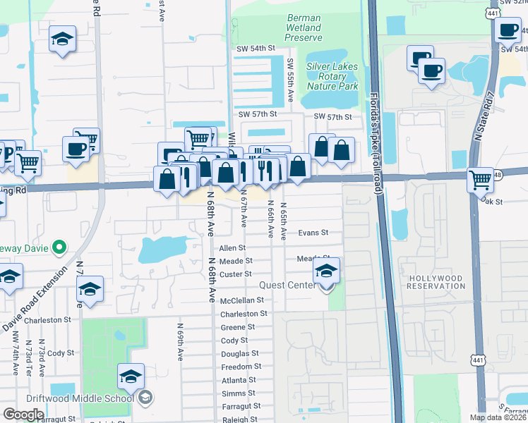 map of restaurants, bars, coffee shops, grocery stores, and more near 6600 Franklin Street in Hollywood