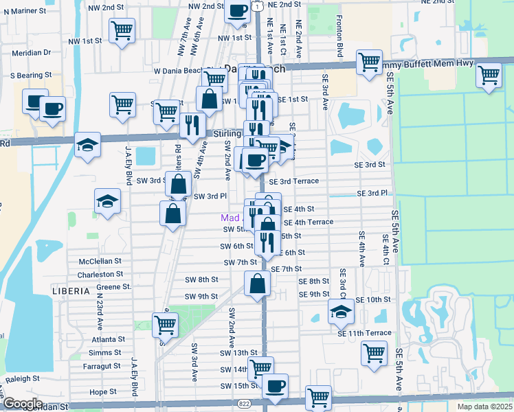 map of restaurants, bars, coffee shops, grocery stores, and more near in Dania Beach