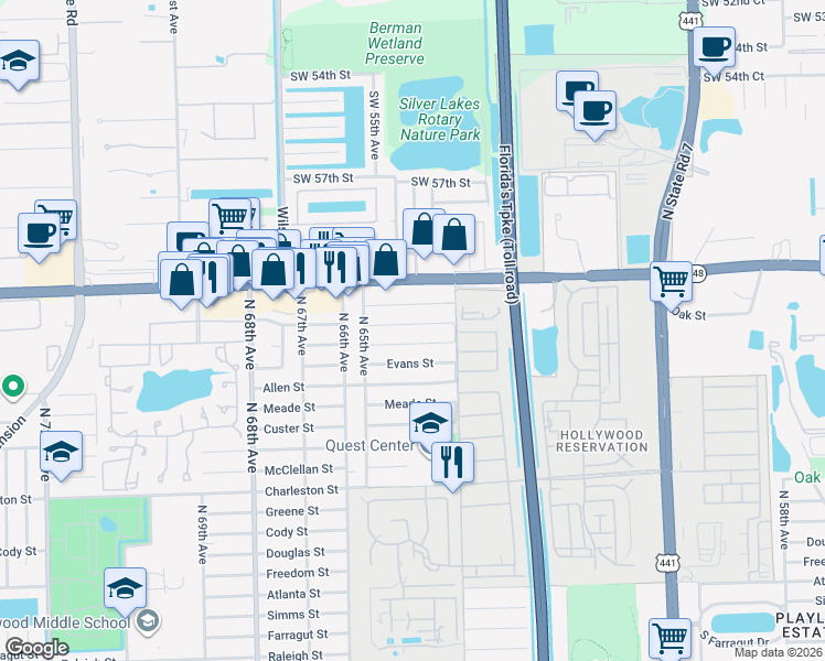 map of restaurants, bars, coffee shops, grocery stores, and more near 6432 Franklin Street in Hollywood