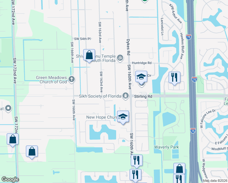 map of restaurants, bars, coffee shops, grocery stores, and more near 16201 Stirling Road in Southwest Ranches