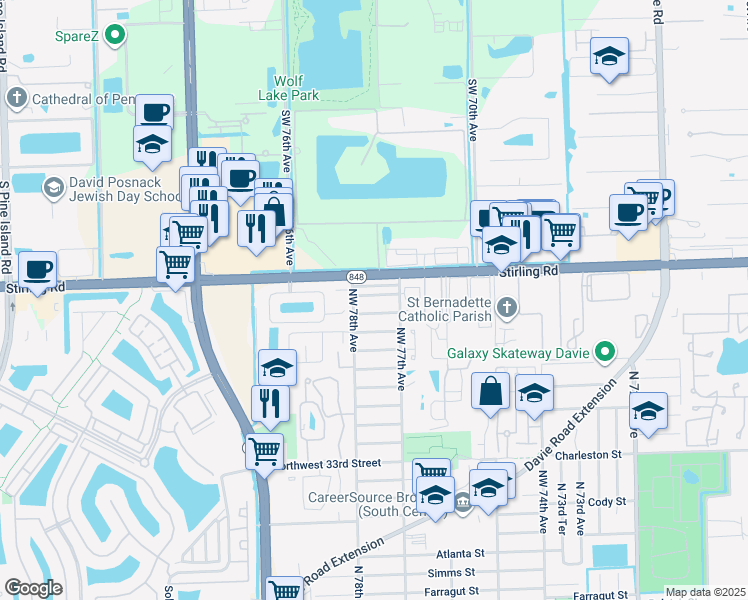 map of restaurants, bars, coffee shops, grocery stores, and more near 7750 Northwest 42nd Street in Hollywood