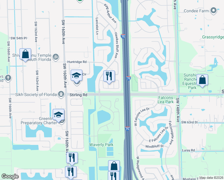 map of restaurants, bars, coffee shops, grocery stores, and more near 15520 Derby Court in Davie