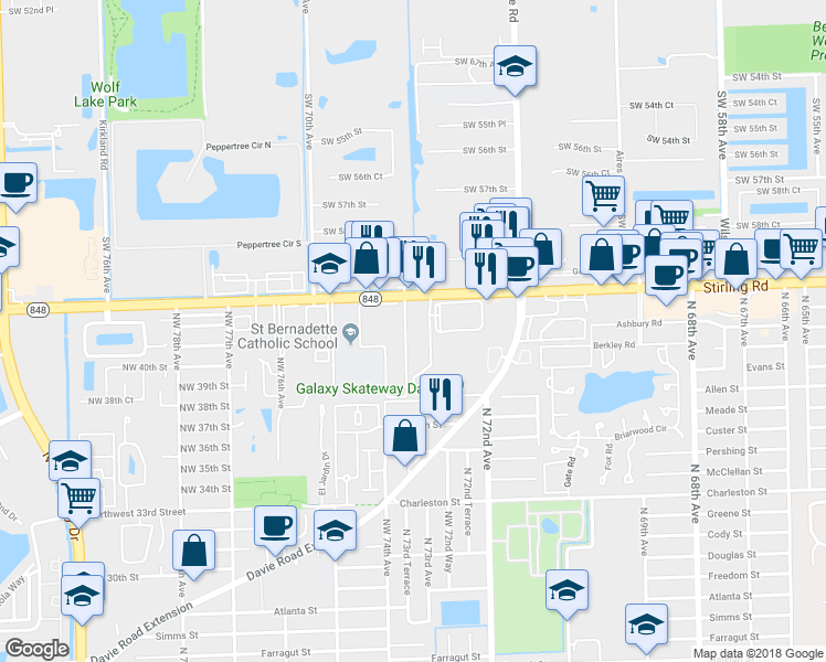 map of restaurants, bars, coffee shops, grocery stores, and more near 7380 Stirling Road in Hollywood