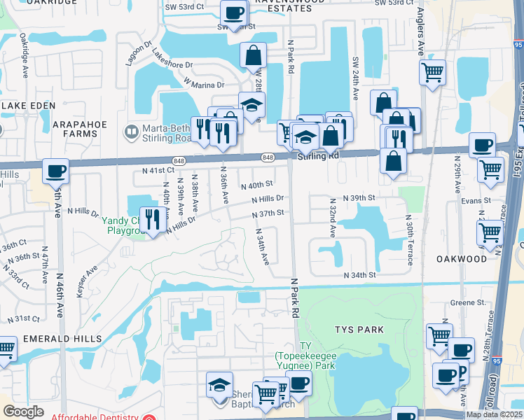 map of restaurants, bars, coffee shops, grocery stores, and more near 3361 North 37th Street in Hollywood