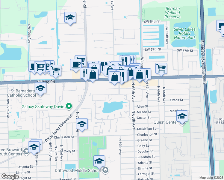 map of restaurants, bars, coffee shops, grocery stores, and more near 201 Berkley Road in Hollywood