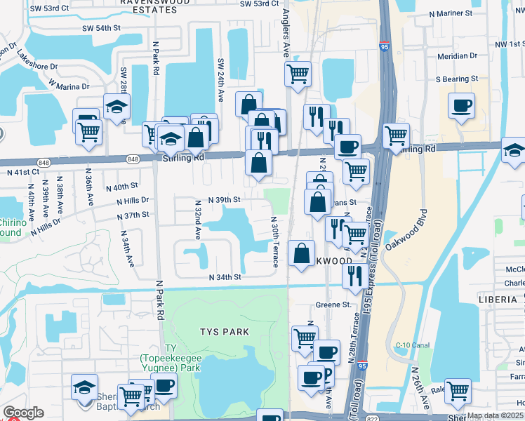map of restaurants, bars, coffee shops, grocery stores, and more near 3027 Oaktree Lane in Hollywood