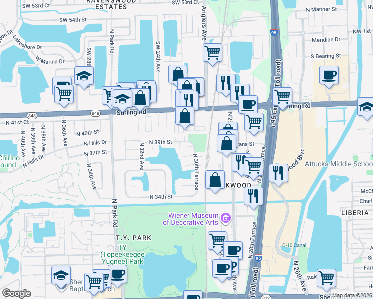 map of restaurants, bars, coffee shops, grocery stores, and more near 3027 Oaktree Lane in Hollywood