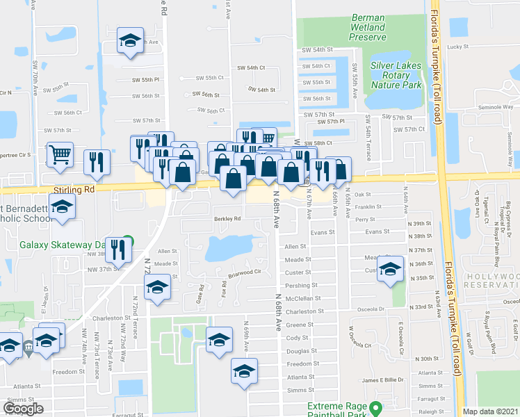 map of restaurants, bars, coffee shops, grocery stores, and more near 151 Berkley Road in Hollywood