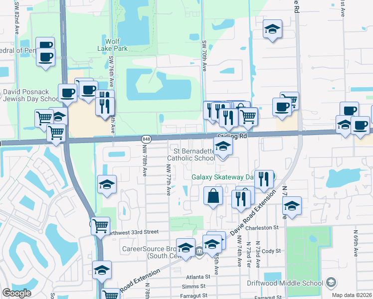 map of restaurants, bars, coffee shops, grocery stores, and more near 4215 Northwest 76th Avenue in Hollywood