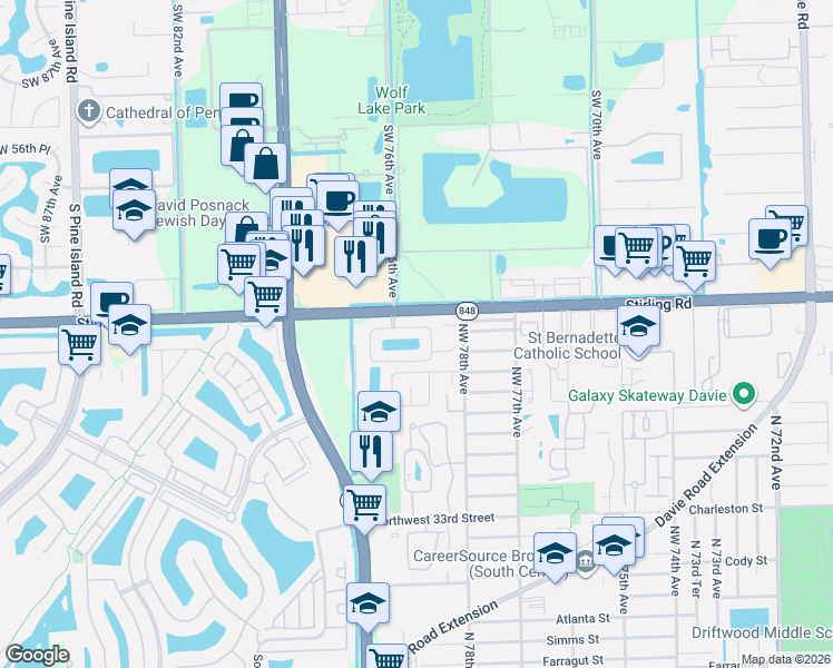 map of restaurants, bars, coffee shops, grocery stores, and more near 7908 North Silverado Circle in Hollywood