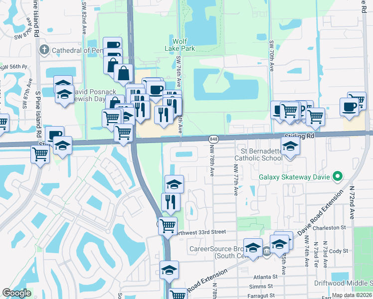 map of restaurants, bars, coffee shops, grocery stores, and more near 7908 North Silverado Circle in Hollywood