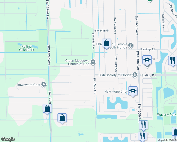 map of restaurants, bars, coffee shops, grocery stores, and more near 16660 Southwest 59th Court in Southwest Ranches