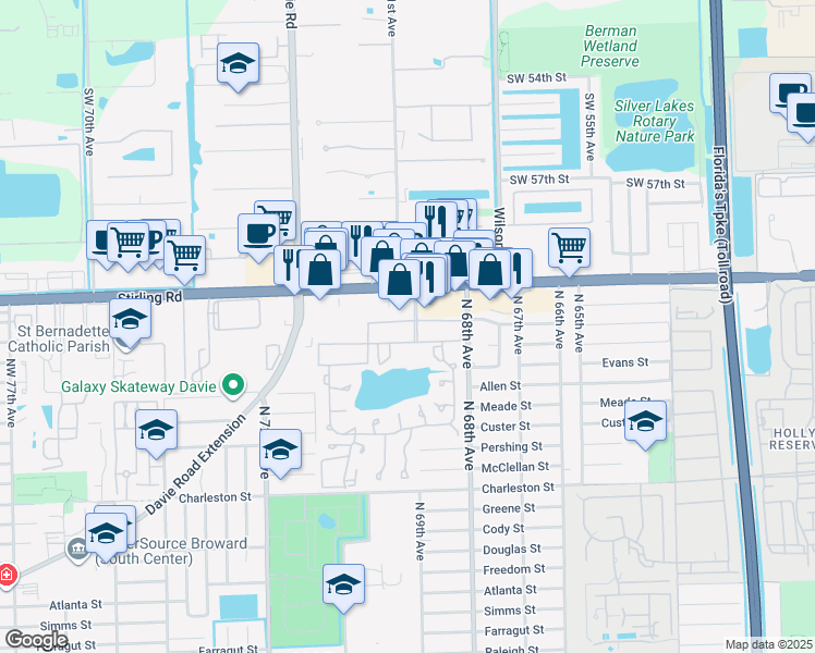 map of restaurants, bars, coffee shops, grocery stores, and more near 201 Berkley Road in Hollywood