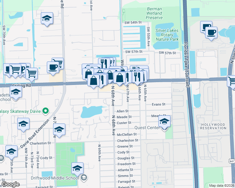 map of restaurants, bars, coffee shops, grocery stores, and more near 6760 Franklin Street in Hollywood