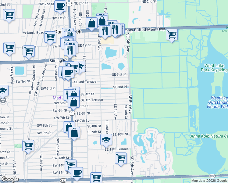 map of restaurants, bars, coffee shops, grocery stores, and more near 321 Southeast 4th Street in Dania Beach