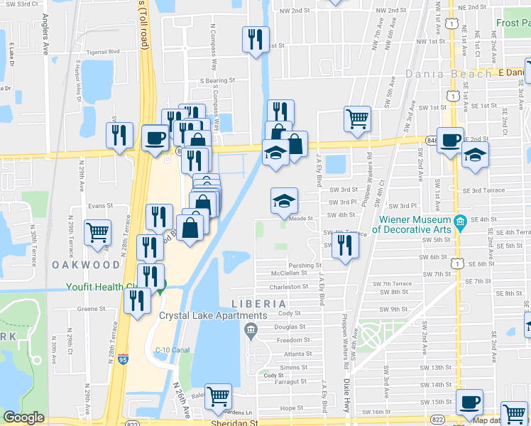 map of restaurants, bars, coffee shops, grocery stores, and more near 2400 Meade Street in Hollywood