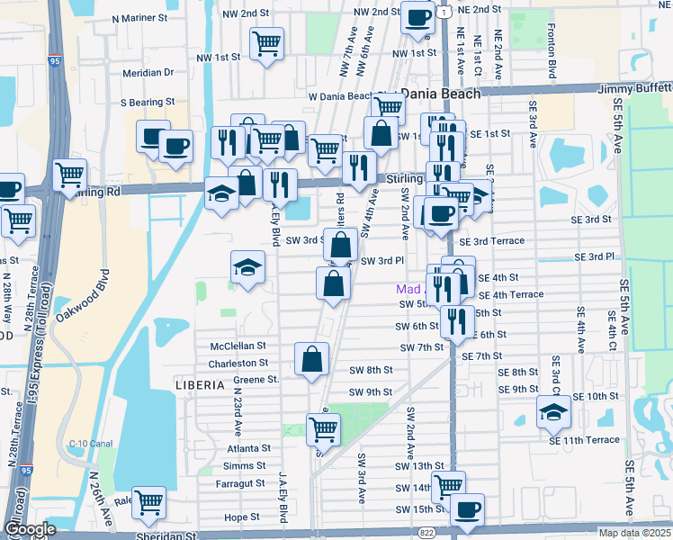 map of restaurants, bars, coffee shops, grocery stores, and more near 402 Phippen Waiters Road in Dania Beach