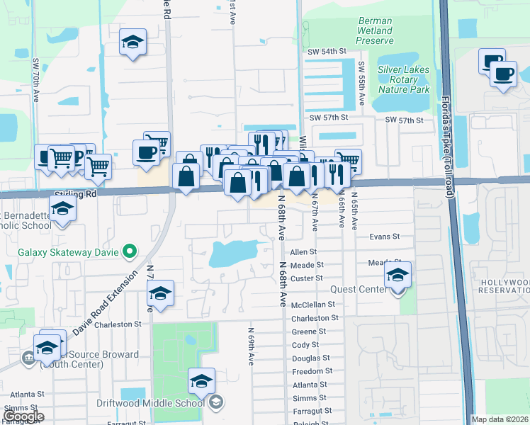 map of restaurants, bars, coffee shops, grocery stores, and more near 151 Berkley Road in Hollywood