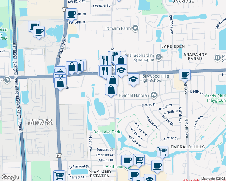 map of restaurants, bars, coffee shops, grocery stores, and more near 3900 North 56th Avenue in Hollywood