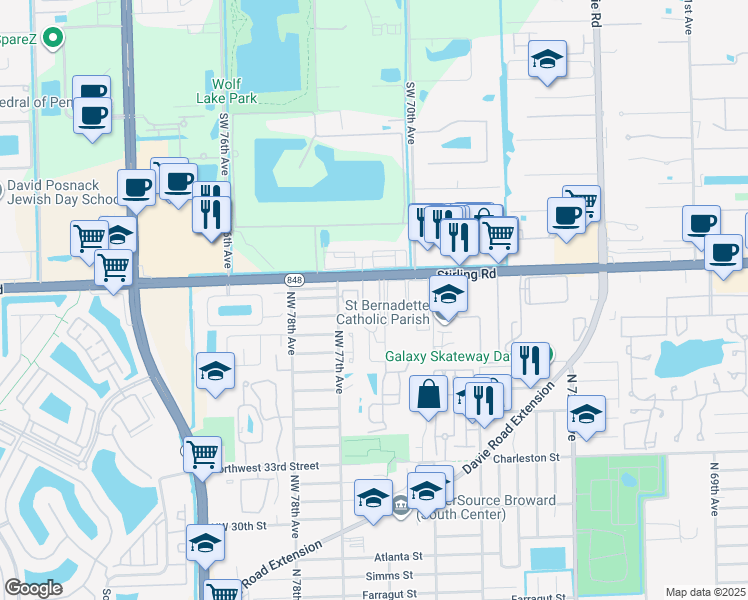 map of restaurants, bars, coffee shops, grocery stores, and more near 4215 Northwest 76th Avenue in Hollywood