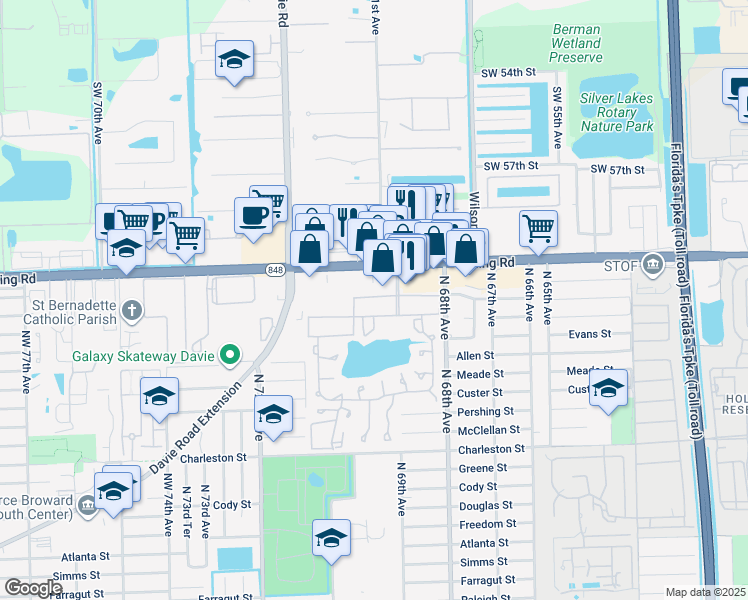 map of restaurants, bars, coffee shops, grocery stores, and more near 201 Berkley Road in Hollywood