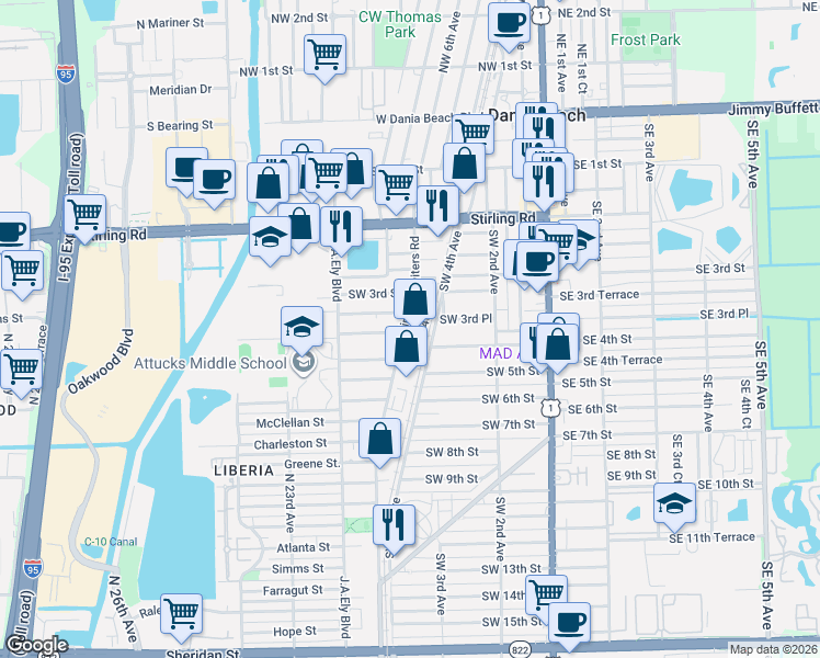 map of restaurants, bars, coffee shops, grocery stores, and more near 402 Phippen Waiters Road in Dania Beach