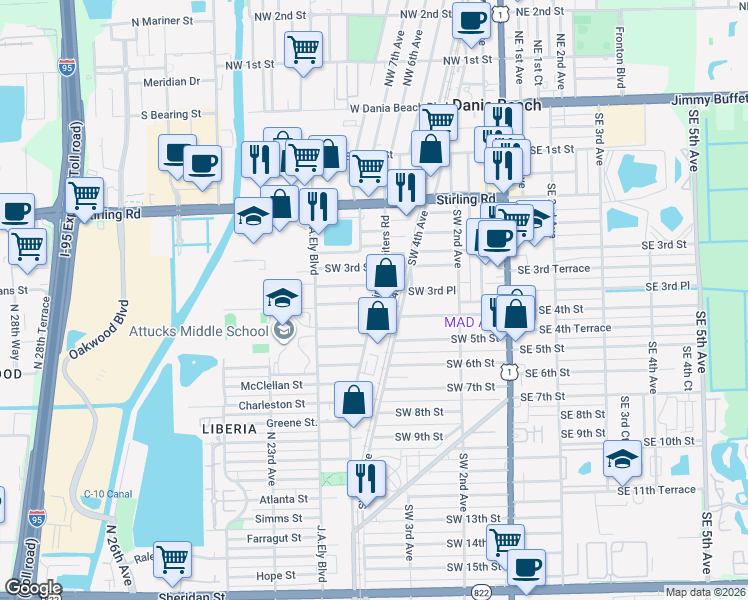 map of restaurants, bars, coffee shops, grocery stores, and more near 402 Phippen Waiters Road in Dania Beach
