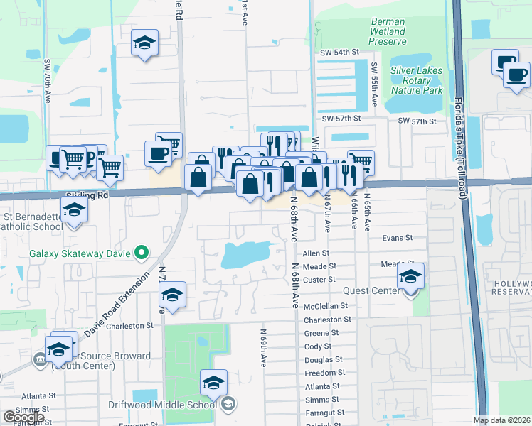 map of restaurants, bars, coffee shops, grocery stores, and more near 151 Berkley Road in Hollywood