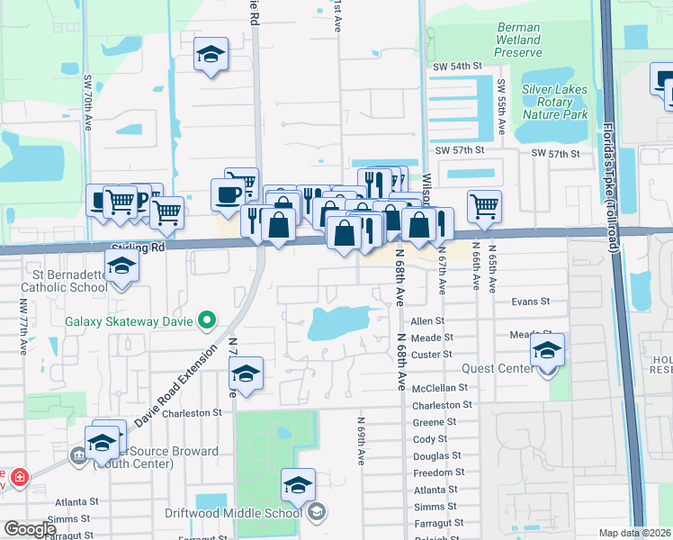 map of restaurants, bars, coffee shops, grocery stores, and more near 201 Berkley Road in Hollywood