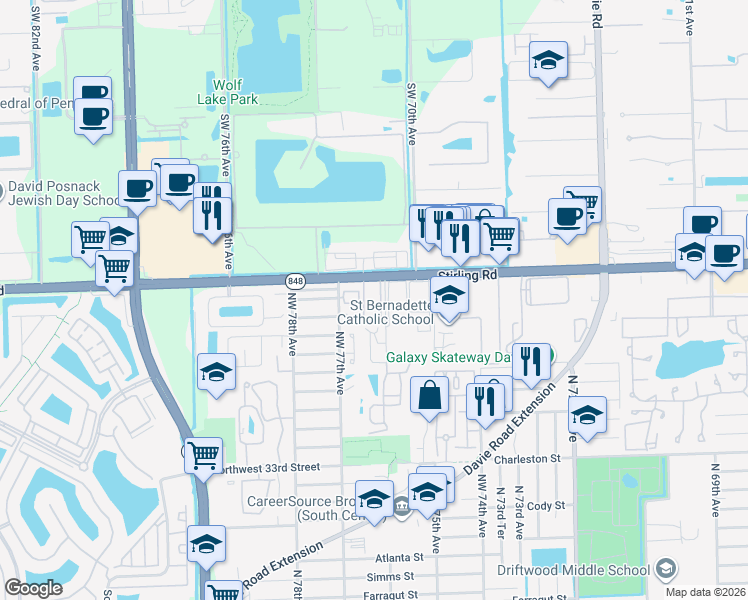 map of restaurants, bars, coffee shops, grocery stores, and more near 4215 Northwest 76th Avenue in Hollywood