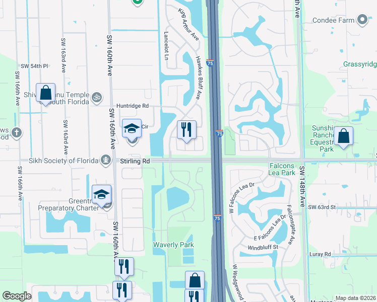 map of restaurants, bars, coffee shops, grocery stores, and more near 15520 Derby Court in Davie