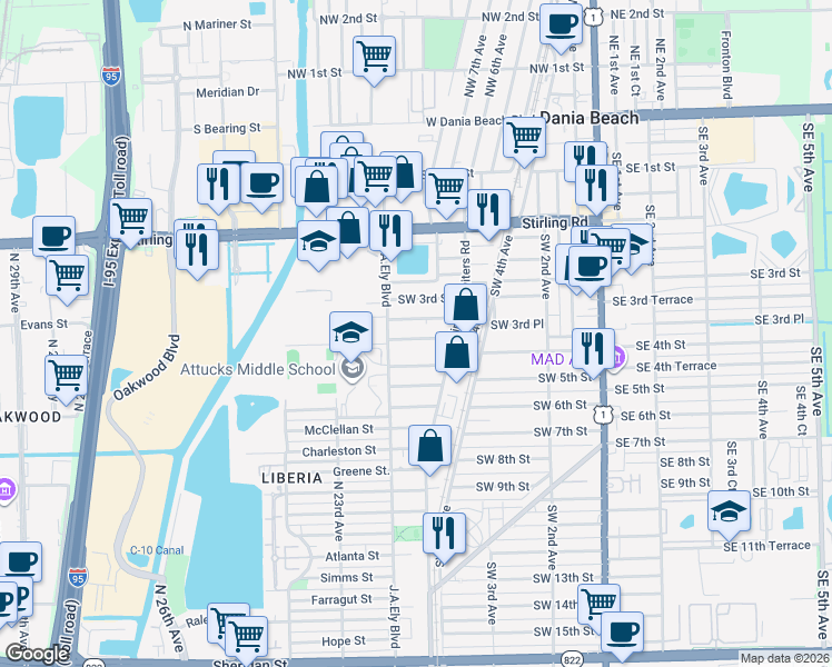 map of restaurants, bars, coffee shops, grocery stores, and more near 745 Southwest 4th Street in Dania Beach