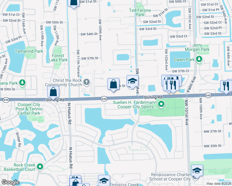 map of restaurants, bars, coffee shops, grocery stores, and more near 10721 Stirling Road in Cooper City
