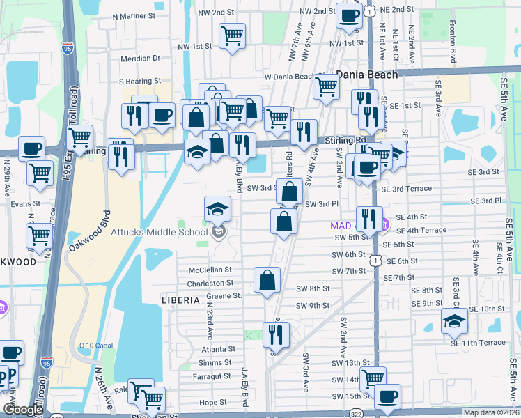 map of restaurants, bars, coffee shops, grocery stores, and more near 745 Southwest 4th Street in Dania Beach