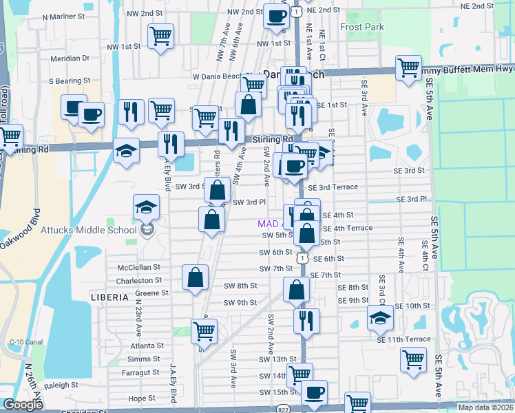 map of restaurants, bars, coffee shops, grocery stores, and more near 224 Southwest 4th Street in Dania Beach
