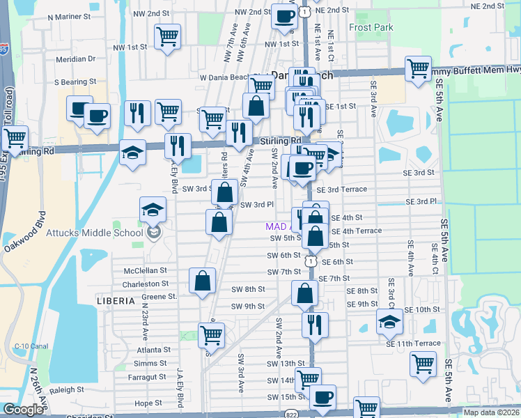 map of restaurants, bars, coffee shops, grocery stores, and more near 224 Southwest 4th Street in Dania Beach