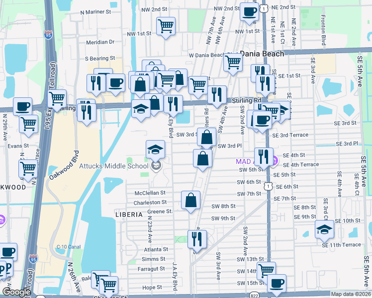map of restaurants, bars, coffee shops, grocery stores, and more near 745 Southwest 4th Street in Dania Beach