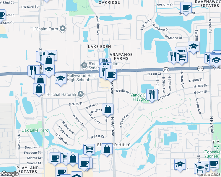 map of restaurants, bars, coffee shops, grocery stores, and more near 4700 North Hills Drive in Hollywood