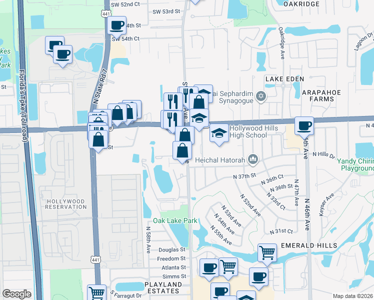 map of restaurants, bars, coffee shops, grocery stores, and more near 3900 North 56th Avenue in Hollywood