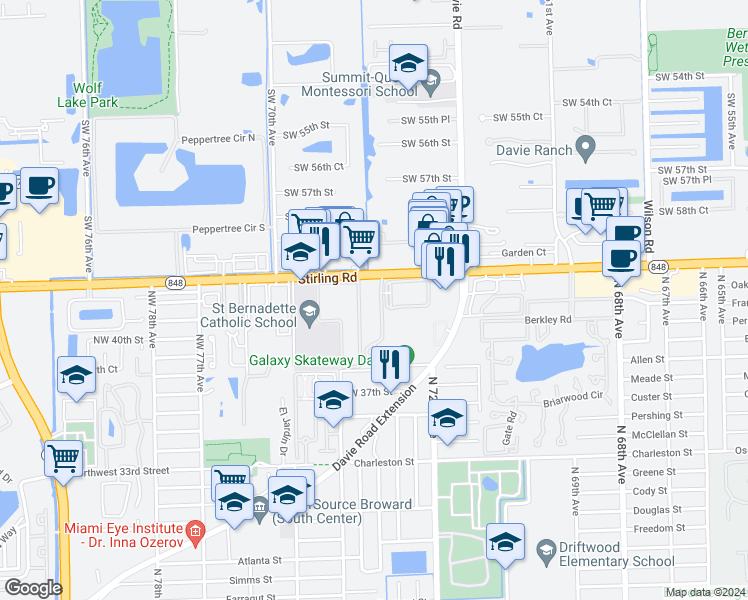 map of restaurants, bars, coffee shops, grocery stores, and more near 7350 Stirling Road in Hollywood