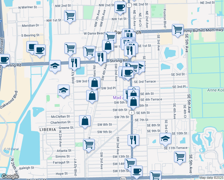 map of restaurants, bars, coffee shops, grocery stores, and more near 224 Southwest 4th Street in Dania Beach