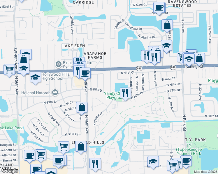 map of restaurants, bars, coffee shops, grocery stores, and more near 3860 North 42nd Terrace in Hollywood