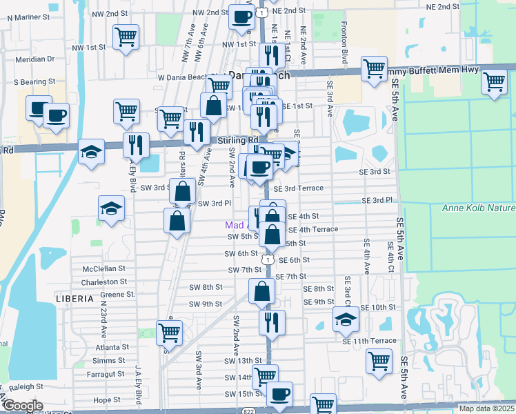 map of restaurants, bars, coffee shops, grocery stores, and more near in Dania Beach