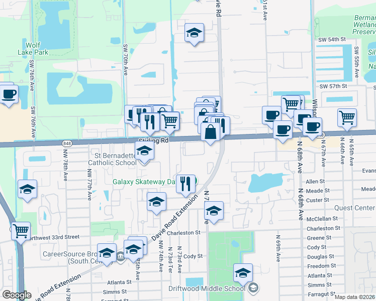 map of restaurants, bars, coffee shops, grocery stores, and more near 7250 Stirling Road in Hollywood